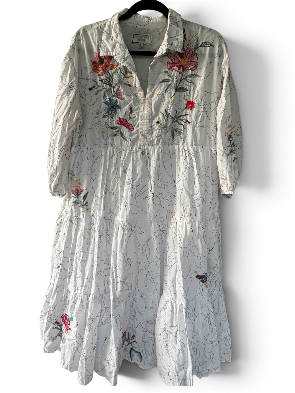 Johnny Was Workshop Dress Women M Ivory Floral Embroidered Boho Tiered Midi